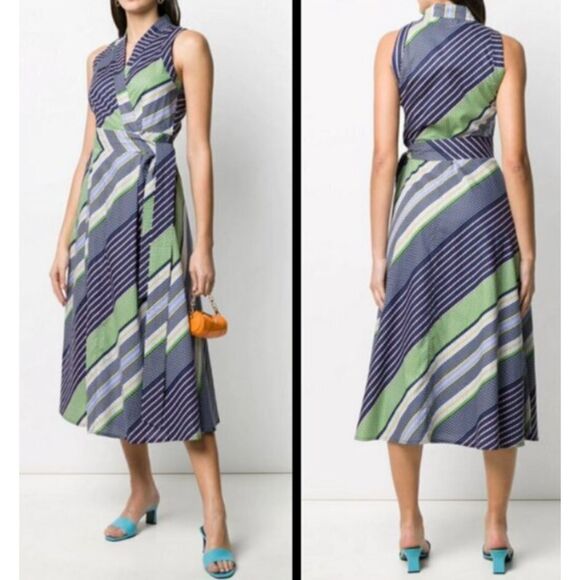 TORY BURCH Striped Cotton-poplin Wrap Midi Dress Navy Size 4 - Picture 1 of 5